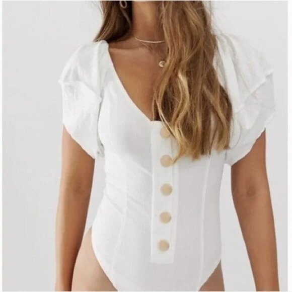Free People Women's Puff Sleeve Gold Button Front Bodysuit - Medium - Picture 1 of 13